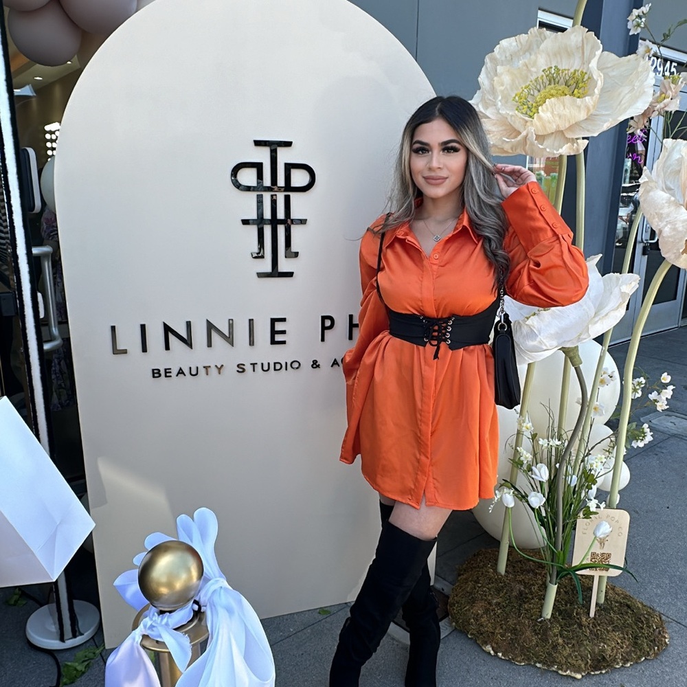Orange Shirt Dress with Black Belt